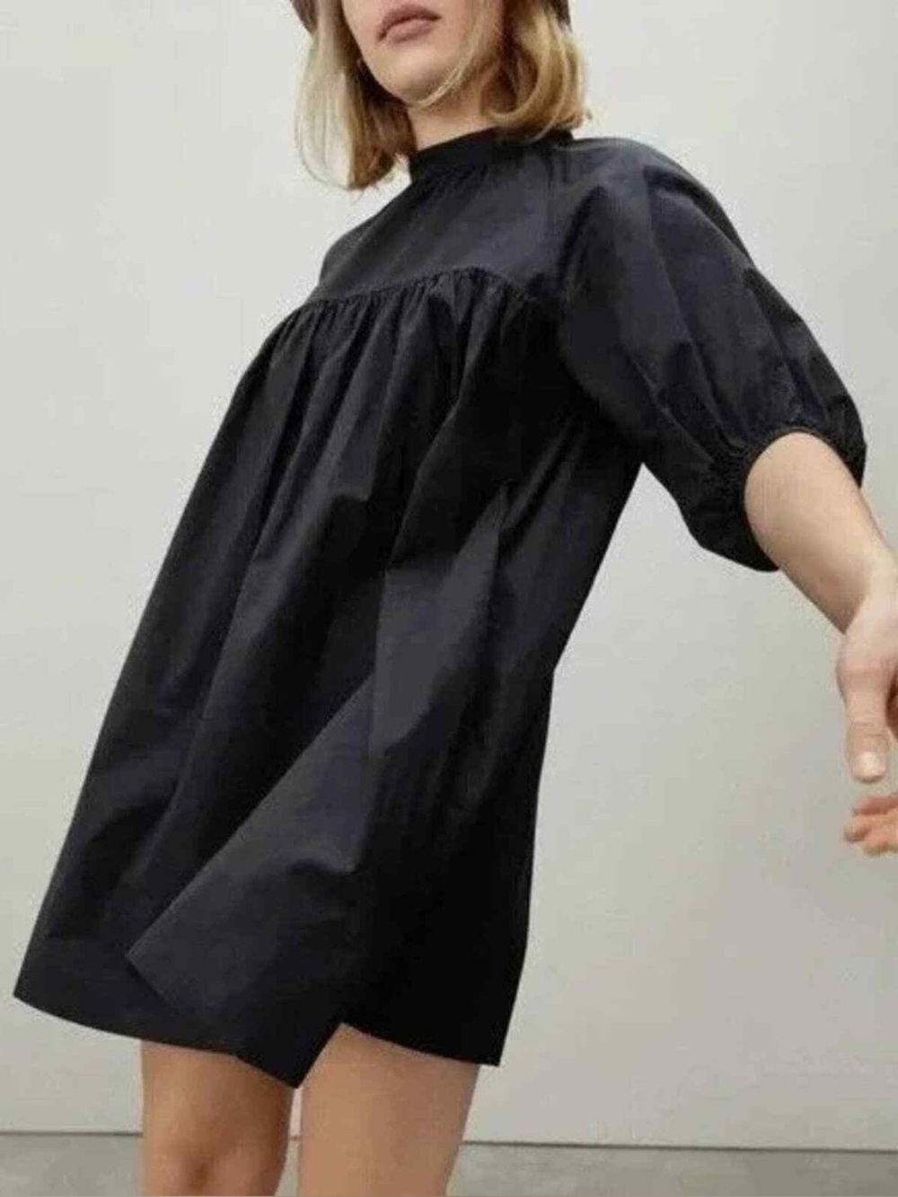 Everlane Black Babydoll Mini Dress S Cotton Shirred Puff Sleeve Mock Neck Boho